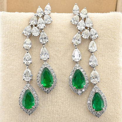 Pear Cut 2.92ct Emerald and 5ct Diamond Drop Earrings