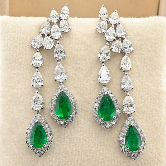 Pear Cut 2.92ct Emerald and 5ct Diamond Drop Earrings