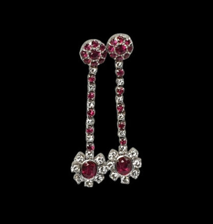 2ct Ruby and Diamond Cluster Drop Earrings; set with 2 carats of rubies and 1 carat of diamonds, in 18ct white gold