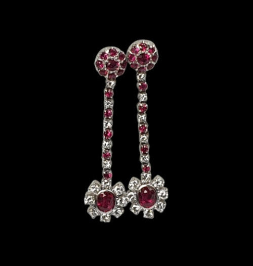 2ct Ruby and Diamond Cluster Drop Earrings; set with 2 carats of rubies and 1 carat of diamonds, in 18ct white gold
