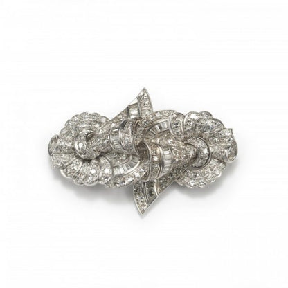 Vintage Diamond and Platinum Brooch, 5.00 carat total, double fan shaped brooch set with round single-cut and baguette-cut diamonds, mounted in platinum, Circa 1950