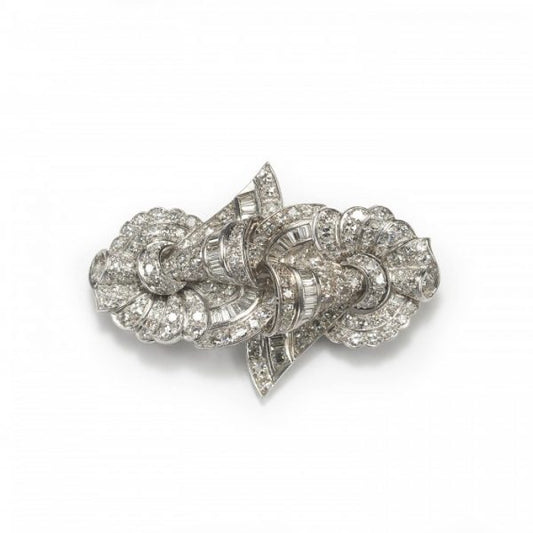 Vintage Diamond and Platinum Brooch, 5.00 carat total, double fan shaped brooch set with round single-cut and baguette-cut diamonds, mounted in platinum, Circa 1950