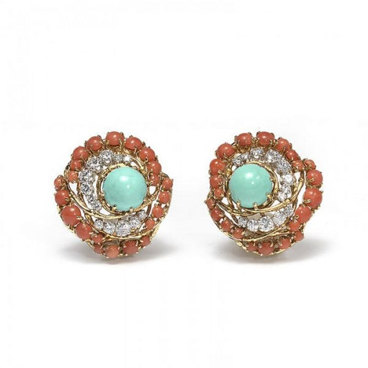 Vintage French Turquoise, Coral and Diamond Cluster Clip On Earrings; featuring central cabochon turquoise surrounded by a swirl of brilliant cut diamonds and cabochon cut corals, in 18ct yellow gold, Circa 1960s
