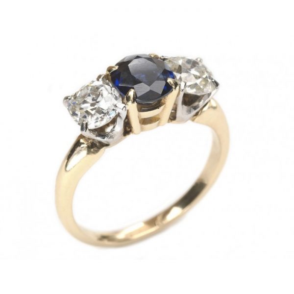 Vintage Sapphire and Old Cut Diamond Three Stone Ring, 1.17 carats