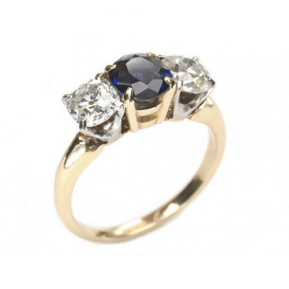 Vintage Sapphire and Old Cut Diamond Three Stone Ring, 1.17 carats