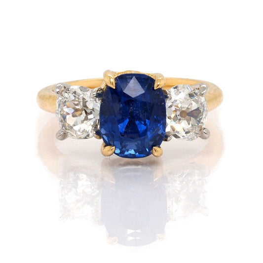 3.48 Carat Sapphire And Old Cut Diamond Three Stone Ring In 18 Carat Yellow gold