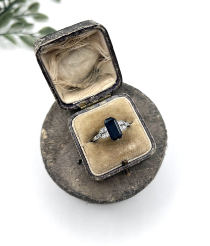 Antique Platinum, 1920s Original Art Deco Rectangular Sapphire & Diamond Ring