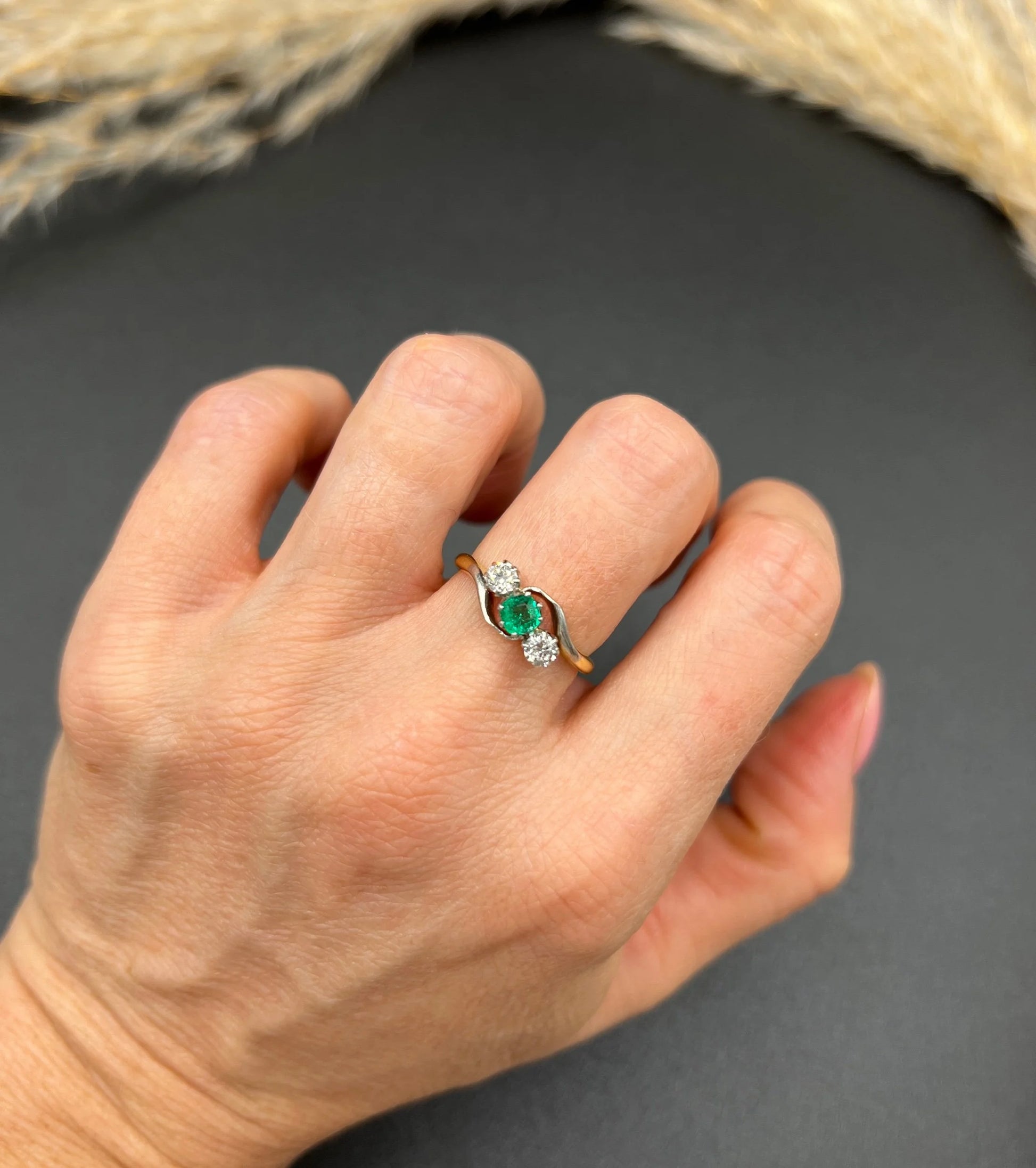 Antique 18 ct Gold And Platinum 1920's Emerald And Diamond Crossover Trilogy Engagement Ring