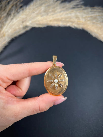 Antique 18 Carat Rose Gold Oval Shaped Locket With Pearl Flower
