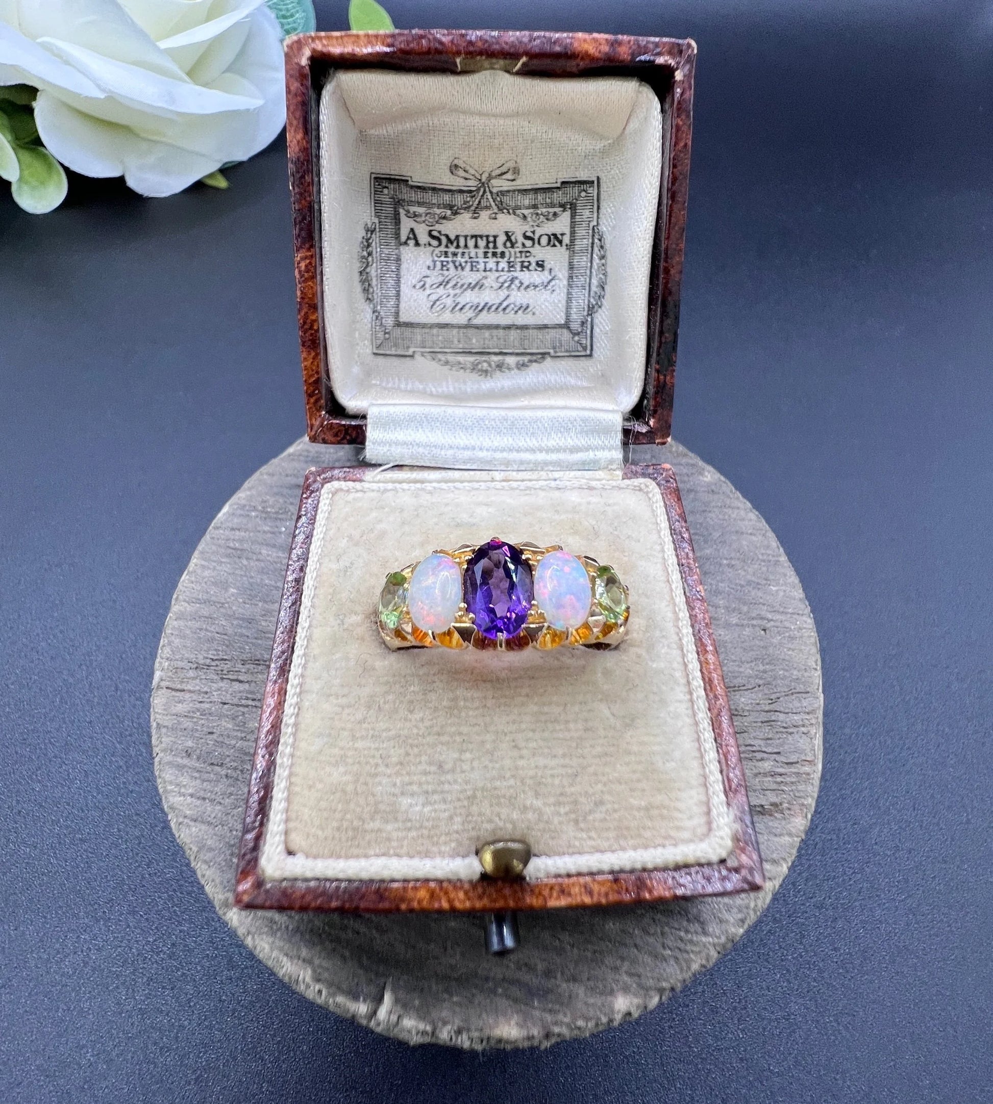 Antique 18 ct Gold, Amethyst, Opal And Peridot Suffragette Ring