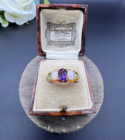 Antique 18 ct Gold, Amethyst, Opal And Peridot Suffragette Ring