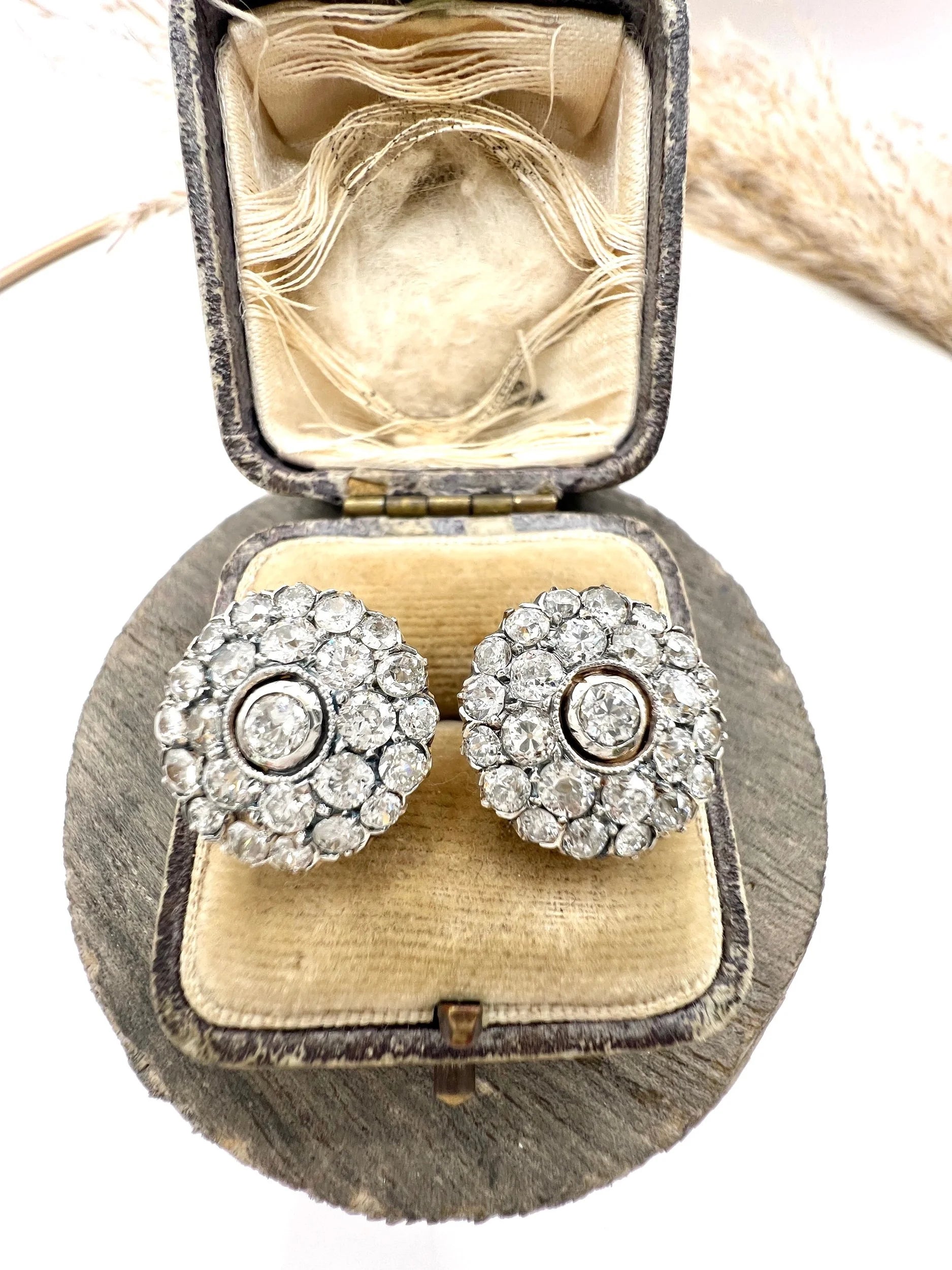 Victorian Antique 3.60ct Old Cut Diamond Cluster Stud Earrings