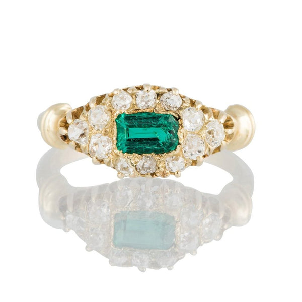 Vintage Emerald and Diamond Carved Cluster Ring