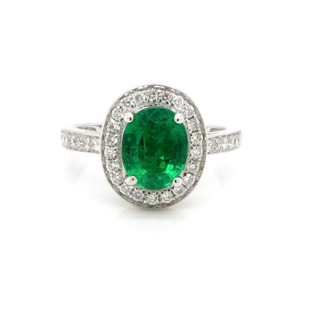 1.91 Carat Natural Emerald And Diamond Cluster Ring In 18 Carat White Gold