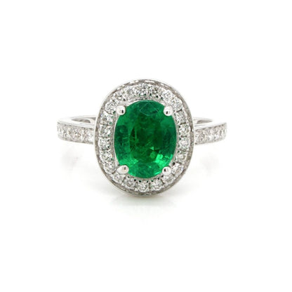 1.91 Carat Natural Emerald And Diamond Cluster Ring In 18 Carat White Gold