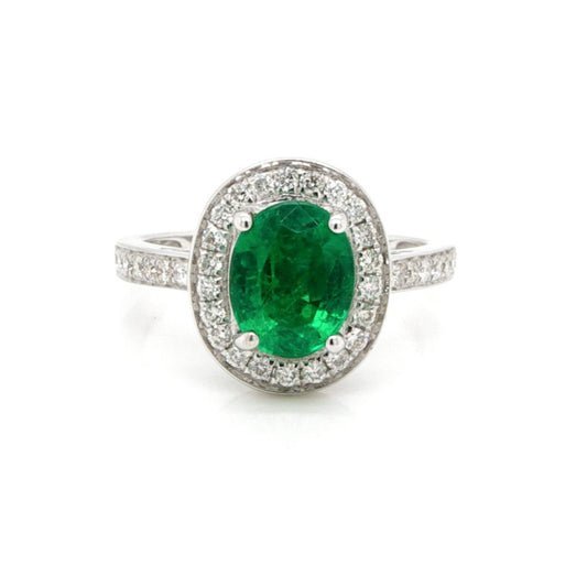 1.91 Carat Natural Emerald And Diamond Cluster Ring In 18 Carat White Gold