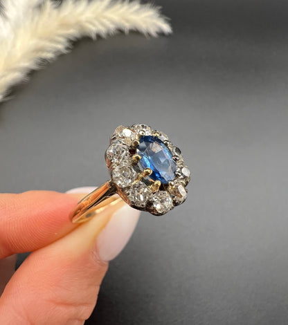 Victorian 18 Carat Yellow Gold, Sapphire and Diamond Oval Cluster Ring, Circa 1880
