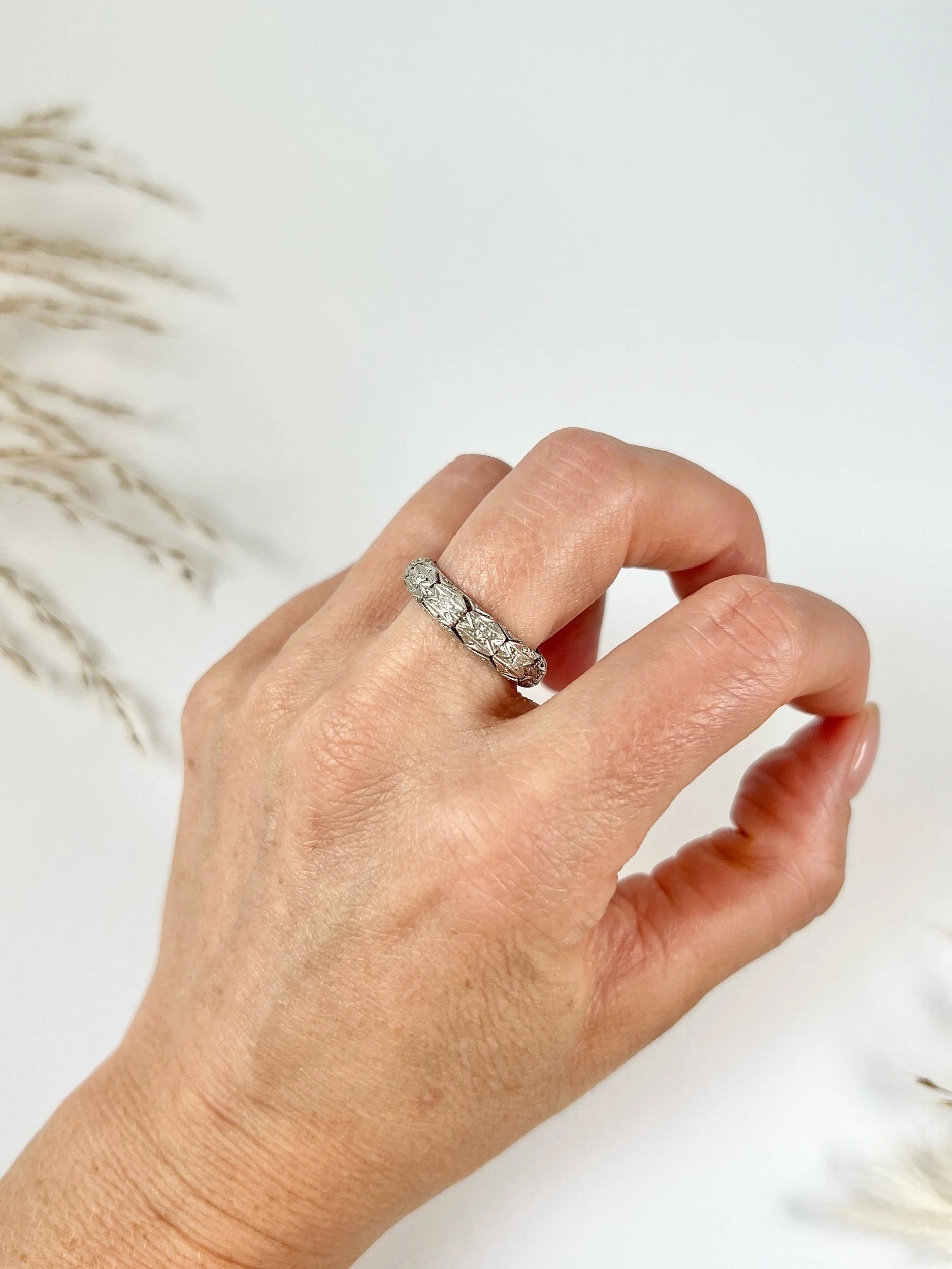 Art Deco Platinum Diamond Set Fancy Filigree Band Ring, Circa 1920