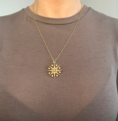 Antique 15 ct Yellow Gold, Edwardian Seed Pearl Star Pendant/Brooch