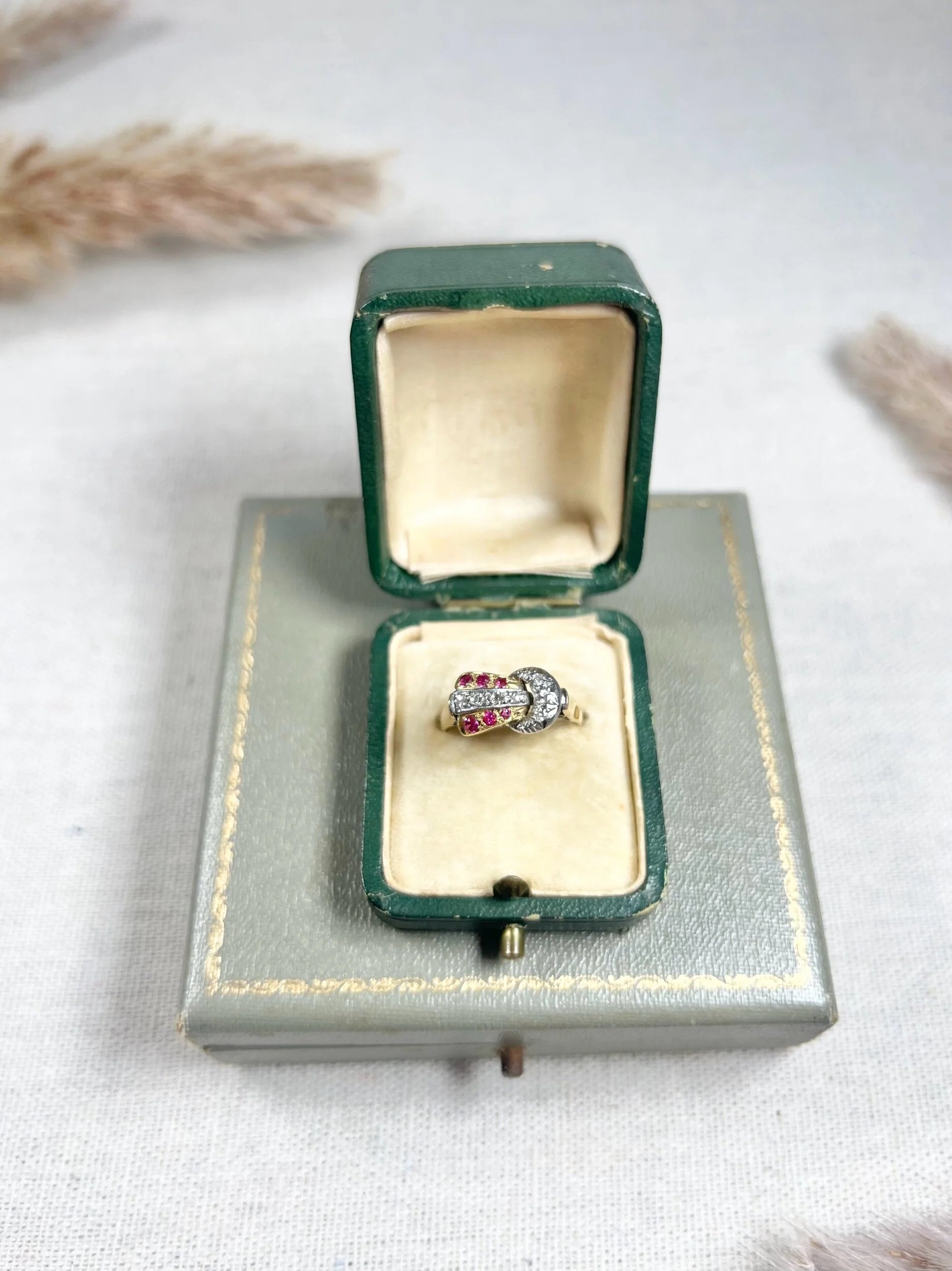 Vintage 1940s, 18ct Yellow & White Gold Ruby Diamond Set Buckle/Belt Cocktail Ring