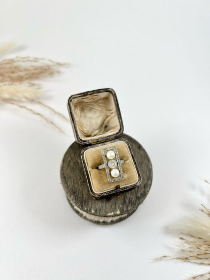 Edwardian Antique Pearl and Old Cut Diamond Trilogy Plaque Tablet Ring