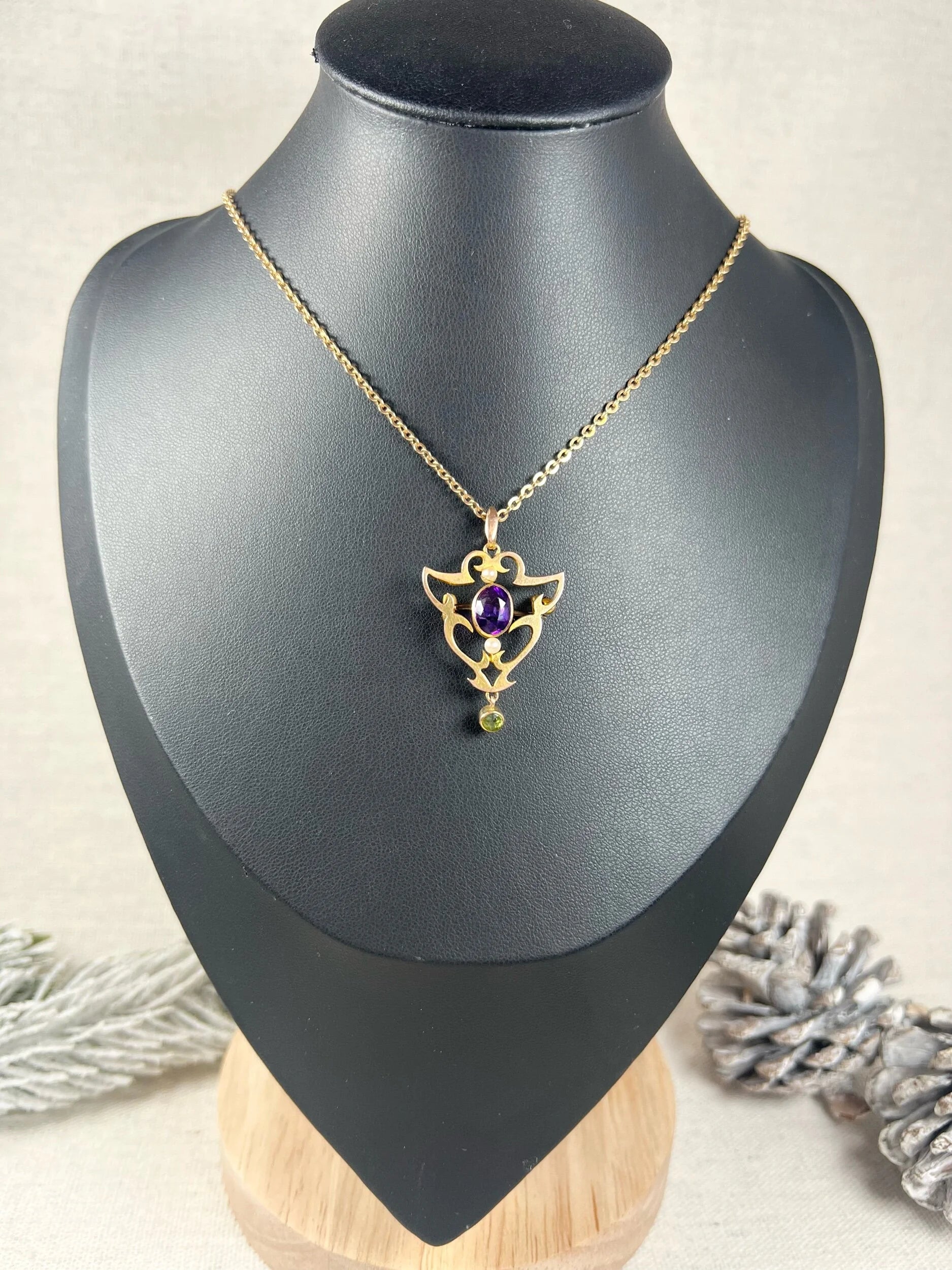 Antique 9ct Gold, Edwardian Amethyst, Pearl & Peridot Suffragette Pendant/Brooch