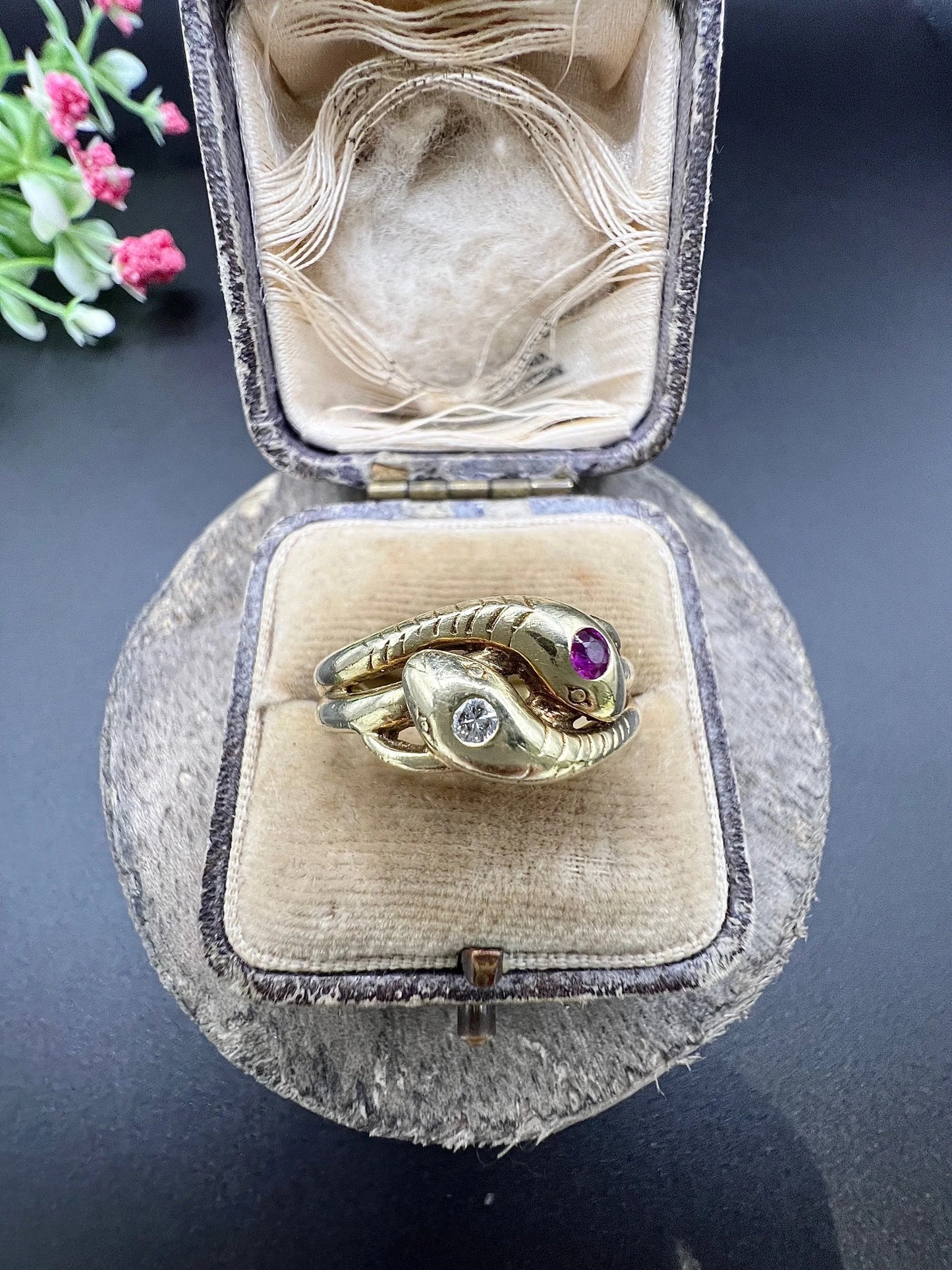 Vintage 14 Carat Yellow Gold Ruby and Diamond Double Headed Snake Ring, Circa 1930