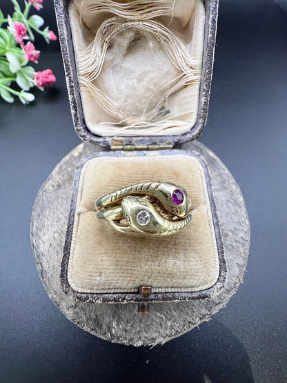 Vintage 14 Carat Yellow Gold Ruby and Diamond Double Headed Snake Ring, Circa 1930