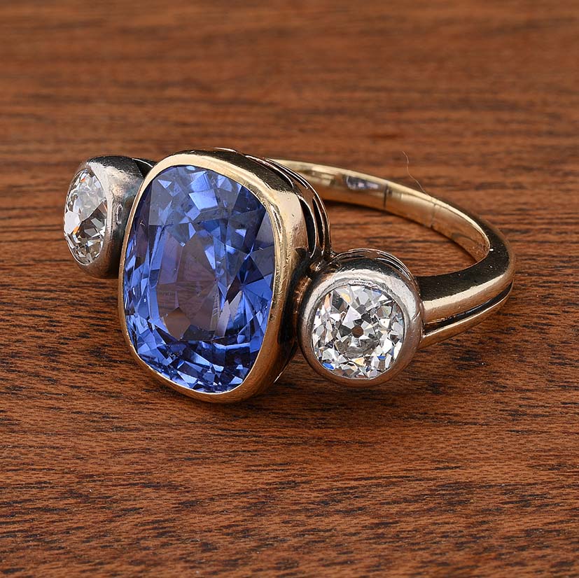 Victorian Antique 10ct No Heat Ceylon Sapphire and Diamond Trilogy Ring