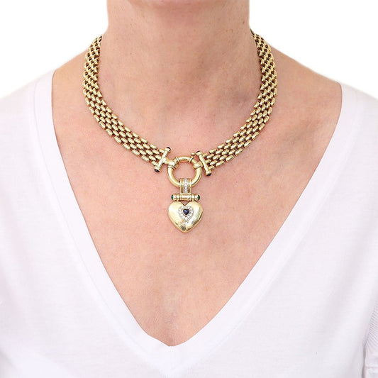 Vintage Gold Collar Necklace with Sapphire and Diamond Heart Pendant with Emeralds