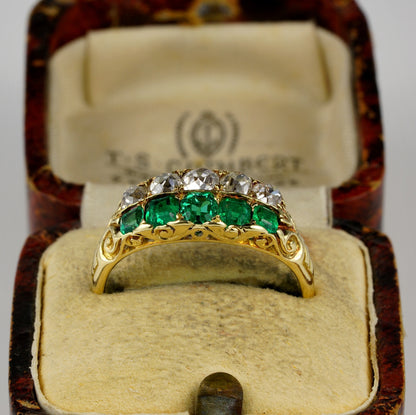 Antique Victorian Colombian Emerald and Old Mine Cut Diamond Double Row Five Stone Ring, Late 19th century, Circa 1870