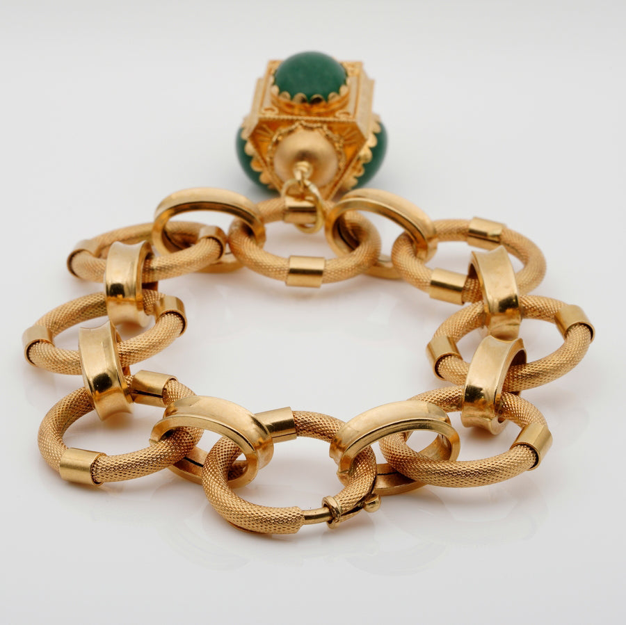 Vintage Italian Retro Etruscan Revival Gold Charm Bracelet with Chalcedony Fob