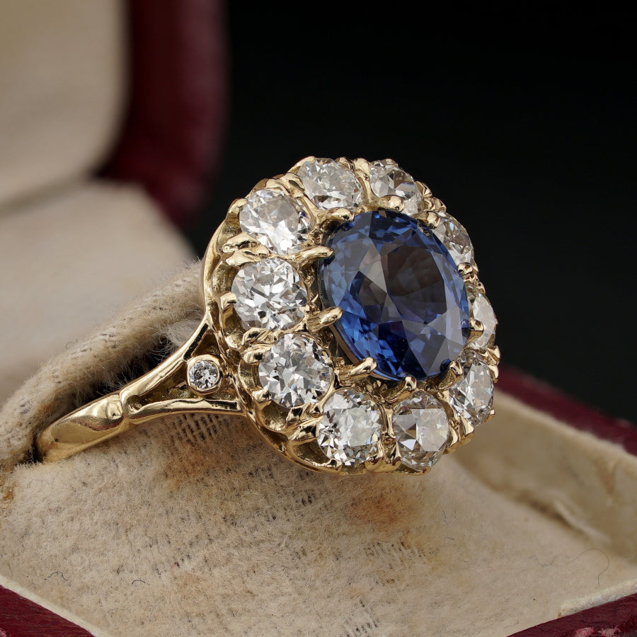 Victorian Antique 3.60ct Natural No Heat Burma Sapphire and Old Cut Diamond Cluster Engagement Ring