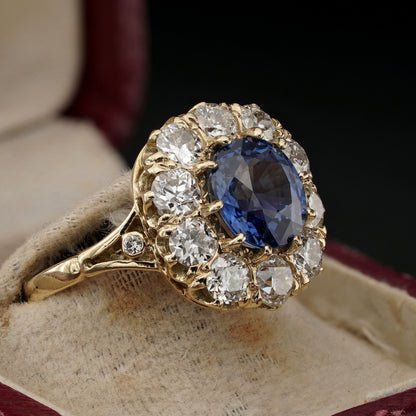 Victorian Antique 3.60ct Natural No Heat Burma Sapphire and Old Cut Diamond Cluster Engagement Ring