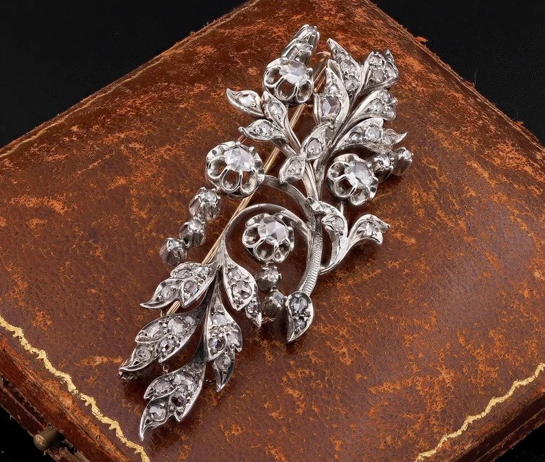 Antique Victorian 3.6ct Rose Cut Diamond Floral Spray Brooch