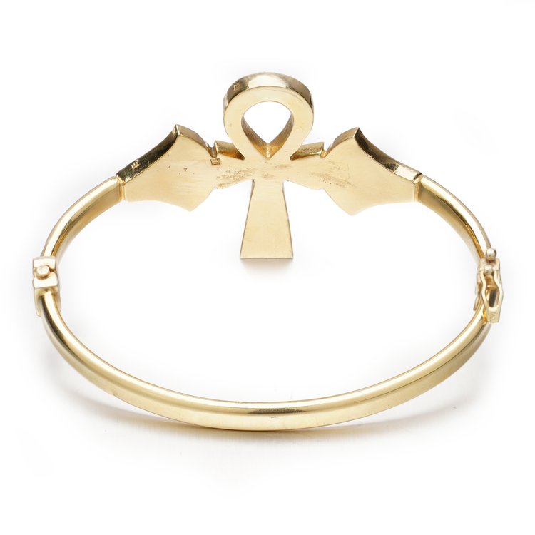 Vintage Egyptian 18ct Yellow Gold, Blue and Red Enamel Ankh Bangle Bracelet