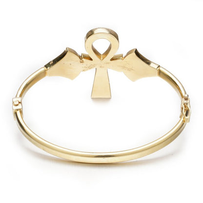 Vintage Egyptian 18ct Yellow Gold, Blue and Red Enamel Ankh Bangle Bracelet