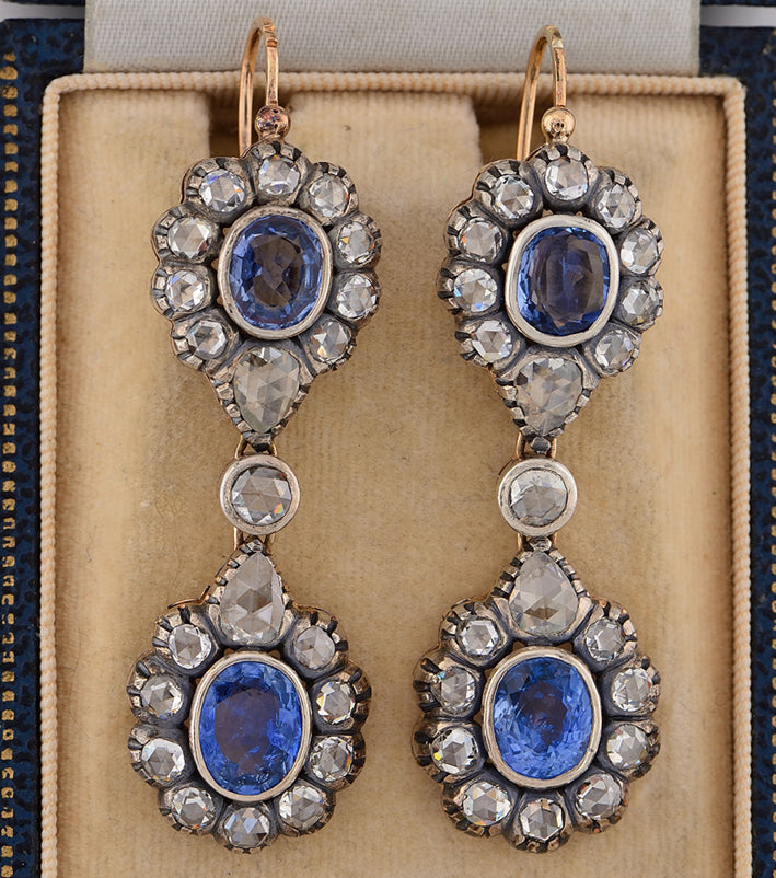 Victorian Antique 8.80ct Natural Ceylon Sapphire and Diamond Double Cluster Drop Earrings in silver and 18ct gold. Late 19th century Circa 1880