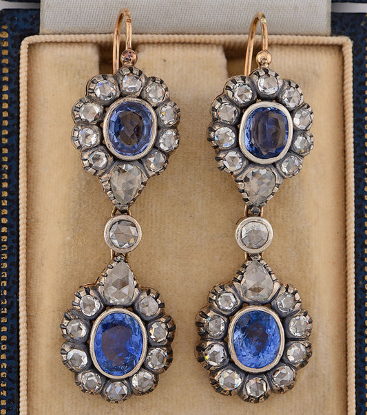 Victorian Antique 8.80ct Natural Ceylon Sapphire and Diamond Double Cluster Drop Earrings in silver and 18ct gold. Late 19th century Circa 1880