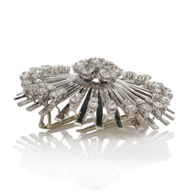 Art Deco Platinum and 3.33ct Old Cut Diamond Flower Sunburst Brooch