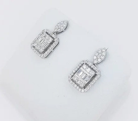 Square Shaped Diamond Cluster Drop Earrings; baguette and brilliant cut diamond set cluster suspended from a marquise shaped diamond set stud, in 18ct white gold.