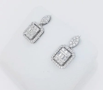 Square Shaped Diamond Cluster Drop Earrings; baguette and brilliant cut diamond set cluster suspended from a marquise shaped diamond set stud, in 18ct white gold.