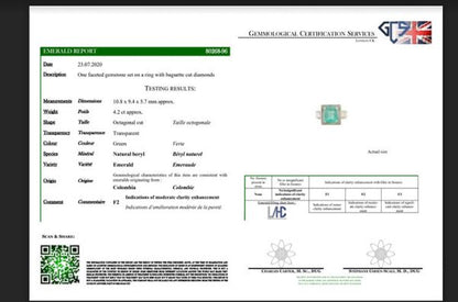 4.20ct Natural Colombian Emerald and Baguette Diamond Ring; natural 4.20 carat octagonal-cut Colombian emerald flanked by 0.70cts baguette cut diamond set shoulders, with GCS Certificate