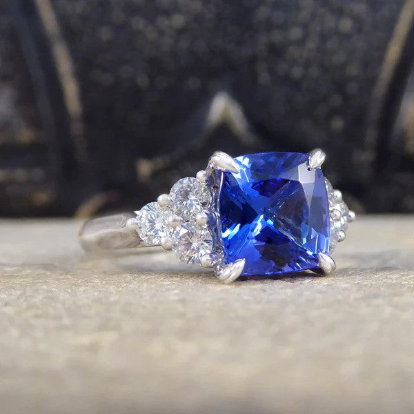 2.40ct Cushion Cut Tanzanite and Diamond Engagement Ring in Platinum