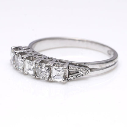 Brilliant and Square Carre Cut Diamond Five Stone Ring in Platinum, 0.75 carat total
