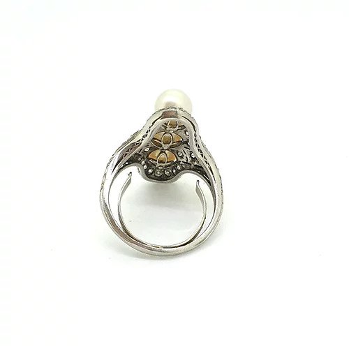 J E Caldwell Art Deco Pearl Diamond Platinum Filigree Dress Ring