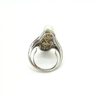 J E Caldwell Art Deco Pearl Diamond Platinum Filigree Dress Ring