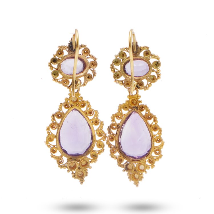 Antique Ornate Amethyst and 18ct Gold Drop Earrings
