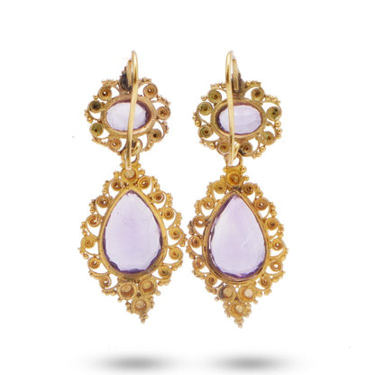 Antique Ornate Amethyst and 18ct Gold Drop Earrings
