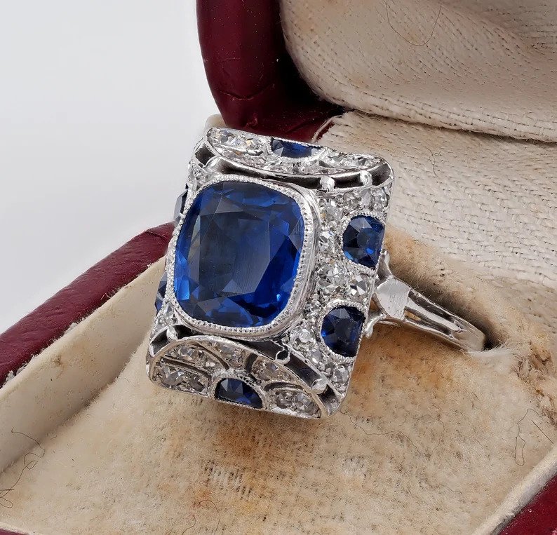 Art Deco French 2.81ct Burma Sapphire and Diamond Cocktail Ring in Platinum with Certificate